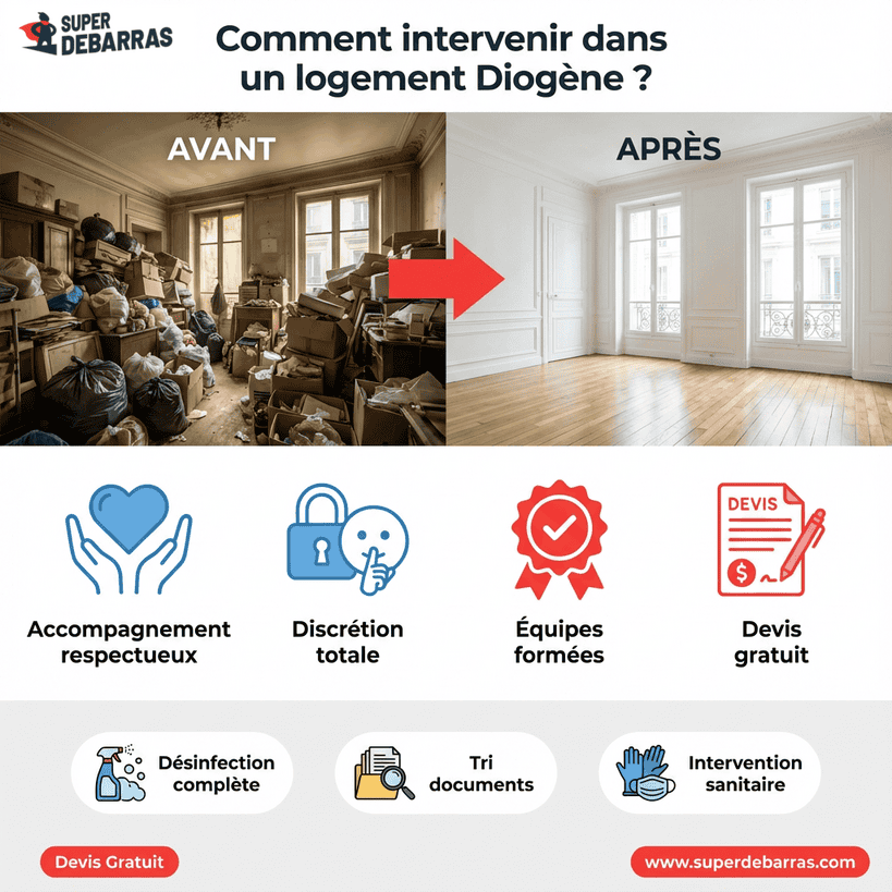 Débarras Syndrome de Diogène à Paris – Guide Intervention Infographie débarras syndrome Diogène : avant/après appartement Paris, accompagnement respectueux et équipes formées