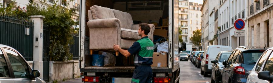 Débarrasseur chargeant mobilier rue étroite Val-de-Marne, contraintes stationnement urbain