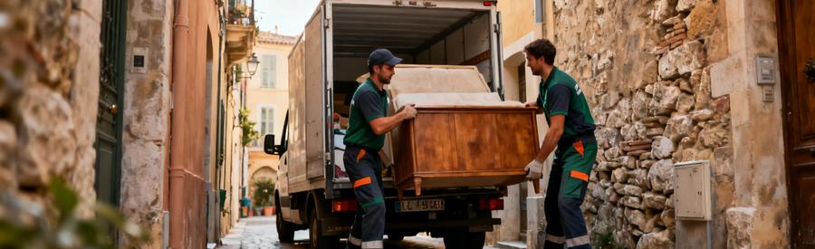 Débarrasseurs évacuant encombrants ruelle étroite Vallauris, contraintes accès centre historique