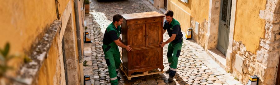 Débarrasseurs transportant mobilier ruelle pavée étroite centre historique Vence, accès contraint