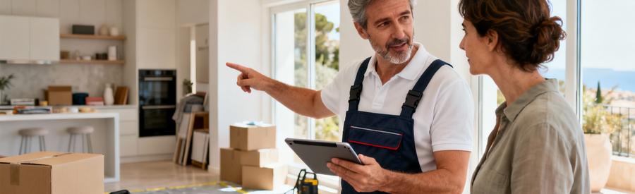 Chef d'équipe débarras consultant client avant intervention, tablette et consignes professionnelles