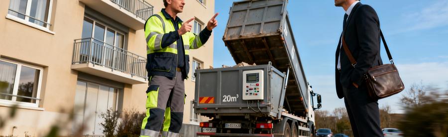 Deroulement Intervention Debarras Dunkerque Professionnel expliquant déroulement débarras client devant camion équipé, quartier Dunkerque