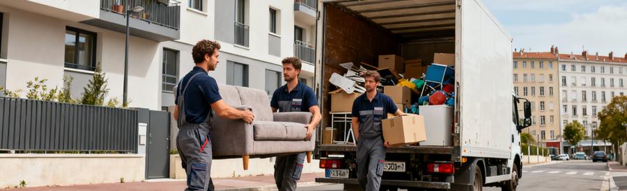 Équipe débarrasseurs évacuant mobilier et encombrants maison Lyon, camion chargement