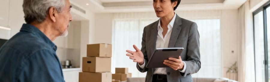 Devis Debarras Allier Professionnel Domicile Professionnel présentant devis débarras personnalisé client domicile, tablette numérique et échange conseil