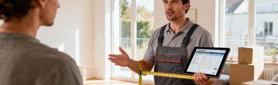 Devis Debarras Dunkerque Calcul Volume Tarif Professionnel établissant devis débarras avec client, calcul volume et tarif personnalisé