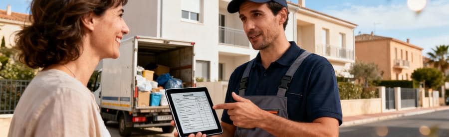 Professionnel débarras présentant devis sur tablette à client, quartier résidentiel Perpignan