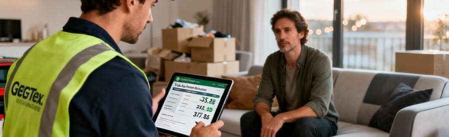 Professionnel présentant devis débarras détaillé client, estimation volumes et tarifs transparents