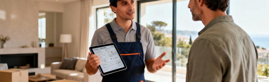 Professionnel débarras présentant devis détaillé client, conseil transparent et rassurant