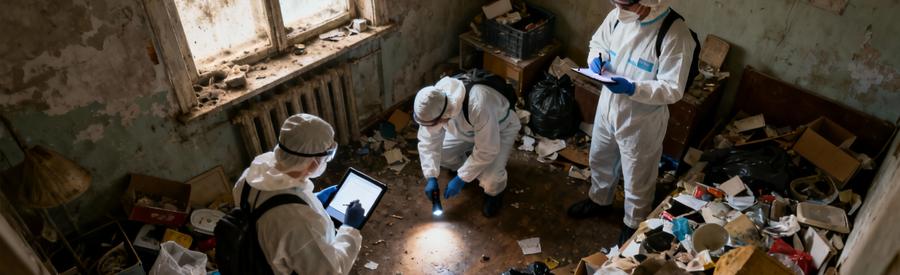 Équipe professionnelle réalisant diagnostic complet logement syndrome Diogène avant intervention