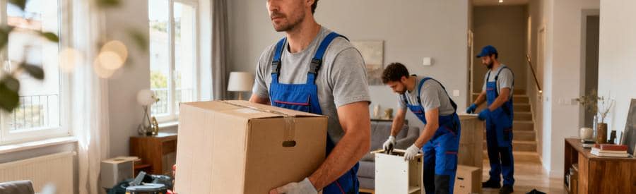 Équipe professionnels débarras en action appartement, évacuation encombrants coordonnée