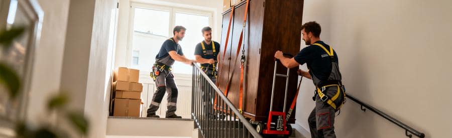 Équipe débarras évacuant mobilier volumineux escalier avec matériel professionnel sécurisé