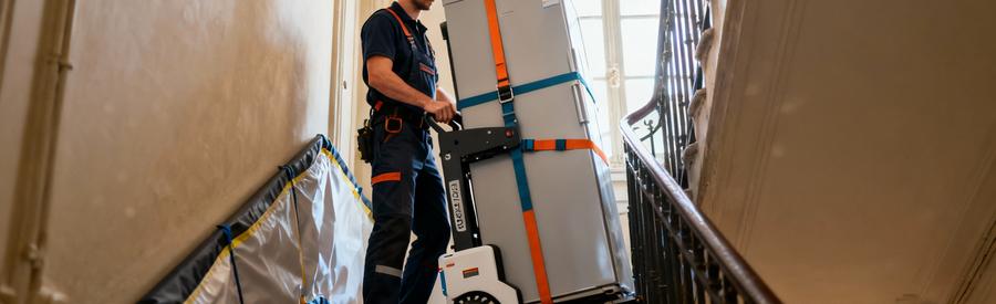 Débarrasseur utilisant diable monte-escaliers électrique, réfrigérateur cage escalier immeuble ancien
