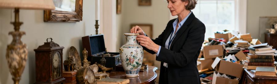 Professionnelle estimant valeur objets anciens lors débarras, porcelaine et mobilier vintage