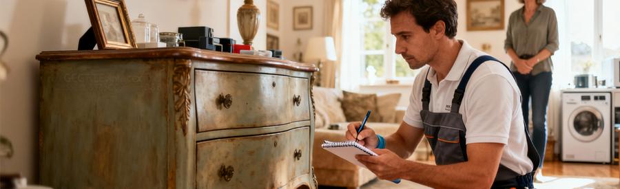 Estimation Valorisation Debarras Objets Annecy Professionnel estimant valeur meubles anciens lors visite technique débarras, expertise valorisation