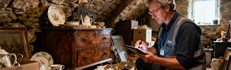 Professionnel évaluant meubles anciens et objets pour valorisation lors débarras