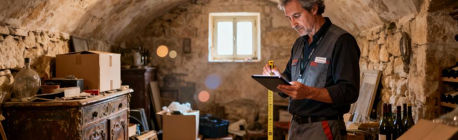 Professionnel estimant volume cave encombrée pour débarras maison Marseille, tablette et mesures