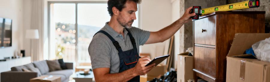 Professionnel mesurant volume encombrants pour estimation débarras précise