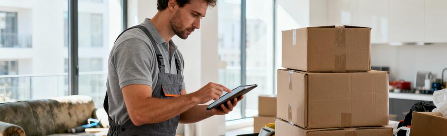 Professionnel évaluant volume encombrants avec tablette, estimation tarif débarras appartement