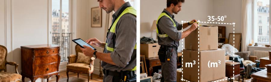 Estimation Volume Valorisation Objets Debarras Expert évaluant volume et valeur mobilier pour devis débarras personnalisé