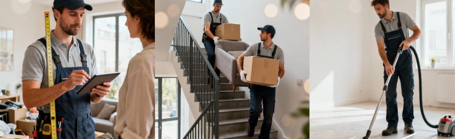 Triptyque étapes débarras : diagnostic volumes, évacuation encombrants, nettoyage final remise état