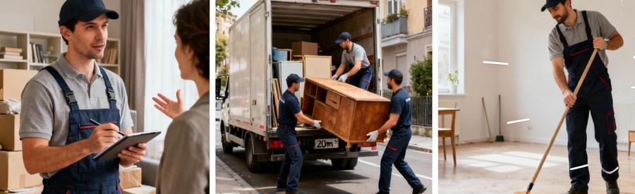 Triptyque étapes débarras : évaluation expert, évacuation encombrants, nettoyage final