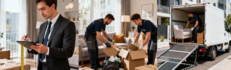 Etapes Intervention Debarras Visite Tri Evacuation Triptyque étapes débarras : visite technique, tri objets, chargement camion par professionnels