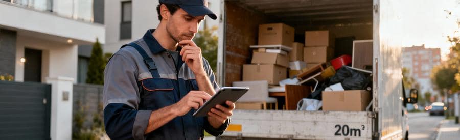 Evaluation Cout Debarras Volume Accessibilite Professionnel évaluant volume débarras avec tablette, camion et encombrants visibles