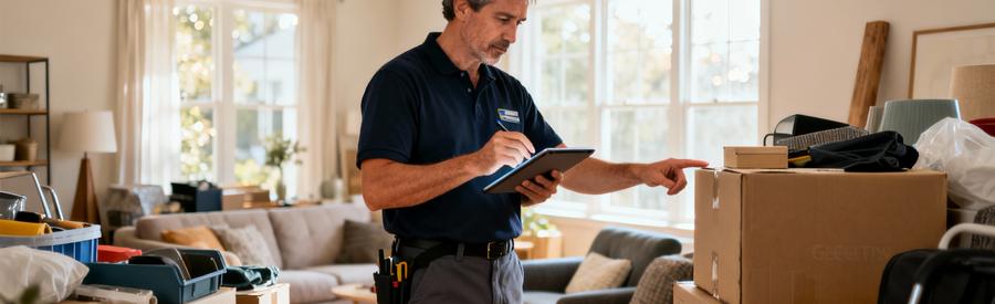 Evaluation Cout Debarras Volume Douai Professionnel évaluant volume débarras appartement encombré avec tablette, chiffrage précis