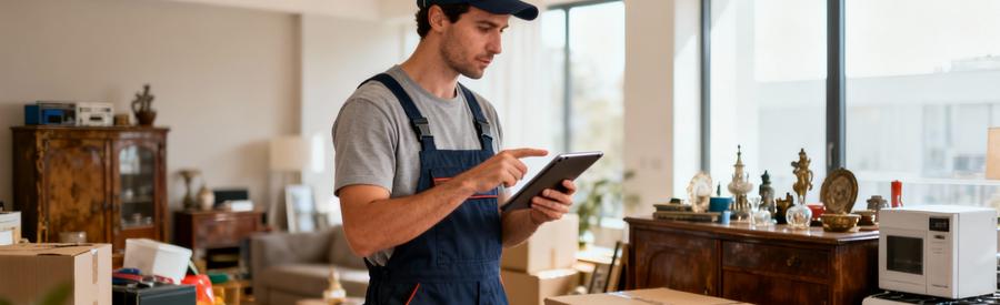 Evaluation Cout Debarras Volume Objets Valorisables Professionnel évaluant volume encombrants et objets valorisables pour estimation débarras