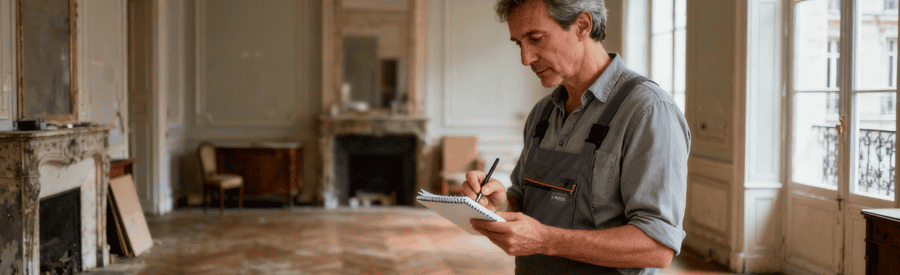 Evaluation Debarras Appartement Paris 6e Professionnel évaluant volumes débarras appartement haussmannien Paris 6e, inspection méthodique espaces