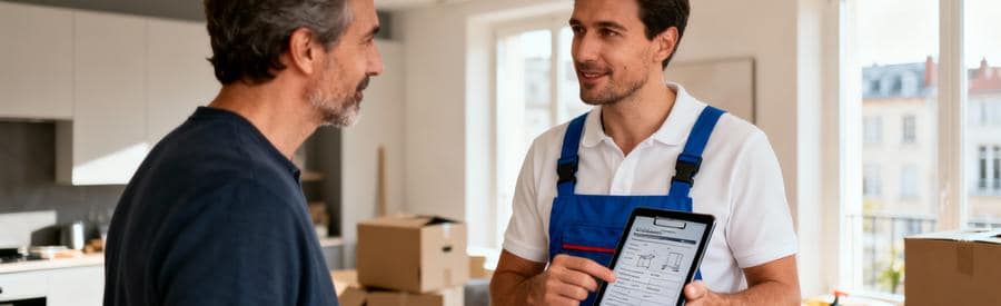 Professionnel présentant devis débarras Diogène à client Lyon, tablette numérique et échange bienveillant