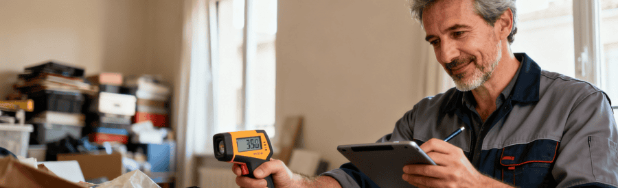 Professionnel évaluant volume encombrement appartement Diogène lors visite Valence