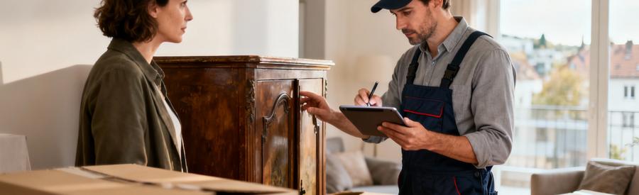 Expert débarras évaluant encombrants appartement avec client, inspection professionnelle mobilier