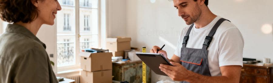 Débarrasseur évaluant volumes appartement Paris, consultation tablette et échange avec client