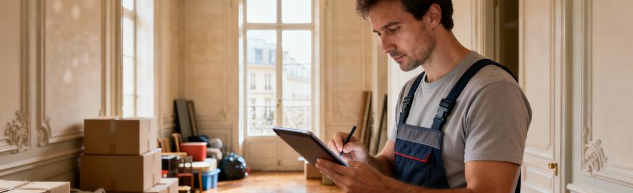 Evaluation Debarras Paris 2e Expert Tablette Expert débarras évaluant volumes et accès appartement parisien avec tablette professionnelle