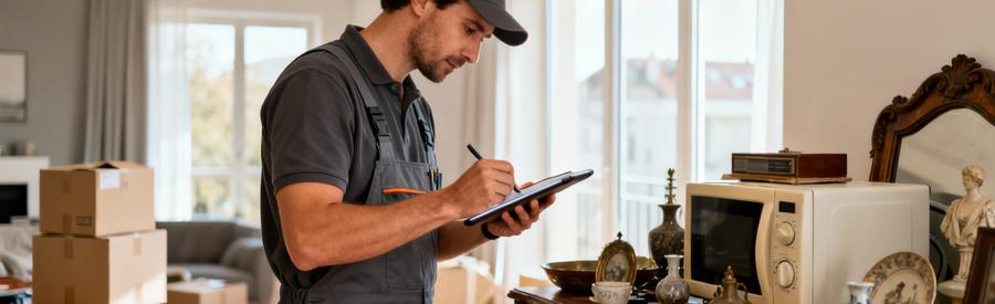 Professionnel évaluant objets valorisables pour débarras indemnisé, tablette et mobilier ancien