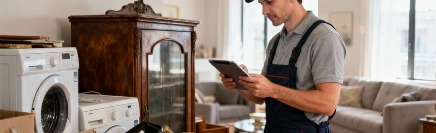 Professionnel évaluant objets valorisables pour calcul coût débarras, expertise mobilier et électroménager