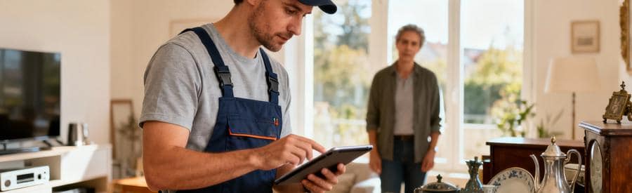 Expert évaluant objets valorisables débarras, tablette et meubles anciens, estimation transparente