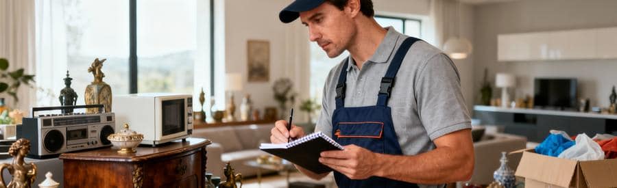 Professionnel évaluant objets valorisables débarras, mobilier ancien et électroménager pour réduction facture