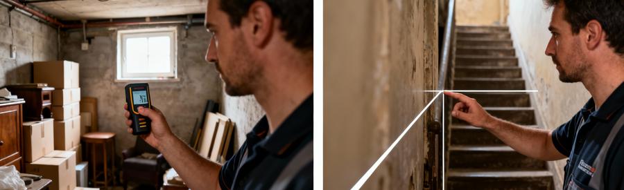 Professionnel évaluant volume encombrants et contraintes accès pour devis débarras précis