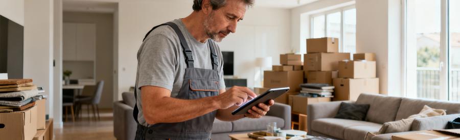 Professionnel évaluant volume encombrants appartement avec tablette, estimation débarras précise