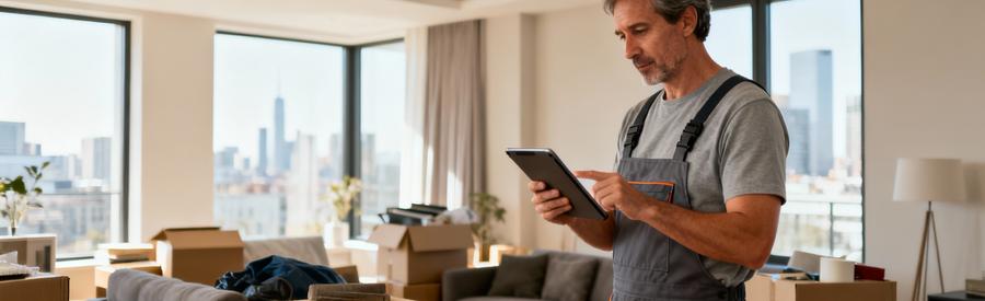Professionnel évaluant volume encombrants appartement avec tablette pour estimation coût débarras