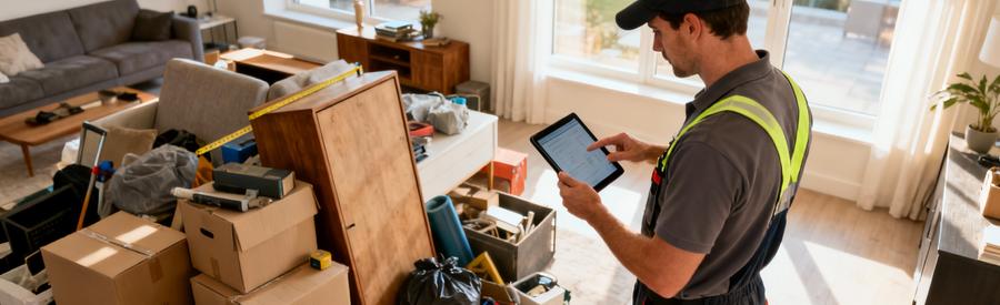 Evaluation Volume Debarras Hazebrouck Tarifs Professionnel évaluant volume encombrants appartement avec tablette, estimation précise débarras