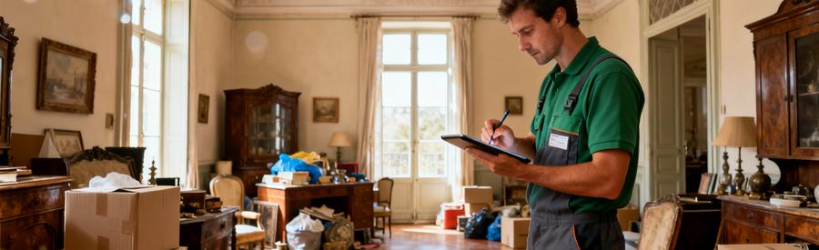 Professionnel évaluant volume encombrants maison succession, tablette et mesures détaillées