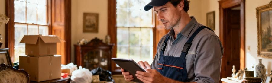 Professionnel évaluant volume encombrants maison avec tablette, estimation débarras