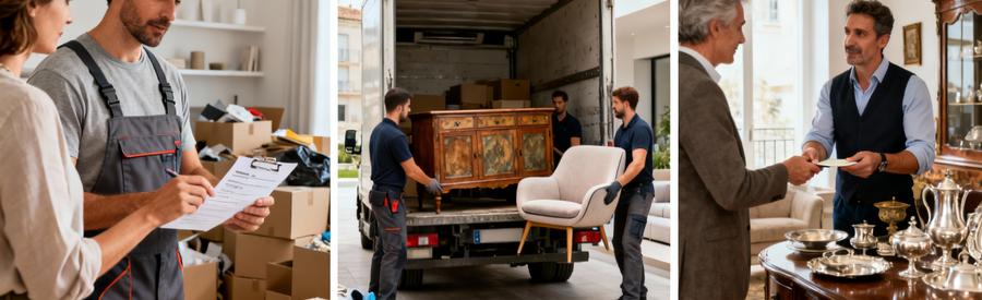 Triptyque formules débarras : payant avec devis, gratuit mobilier vintage, rémunéré objets valeur