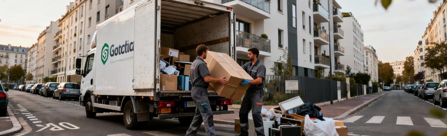 Intervention Debarras Diogene Ile De France Paris Camion débarras professionnel intervention rue résidentielle Île-de-France, équipe chargeant encombrants