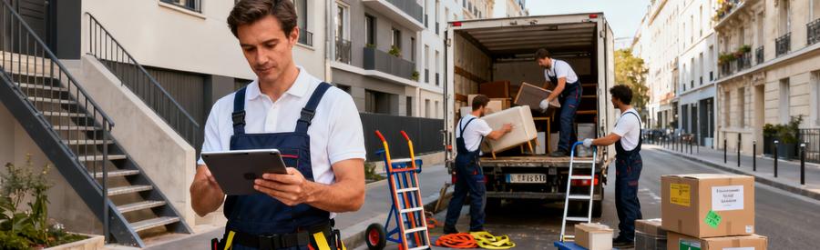 Équipe débarras coordonnant intervention complète, chargement encombrants et organisation professionnelle