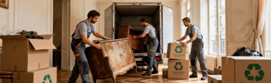 Équipe débarras triant et évacuant encombrants appartement haussmannien Paris 7e, gestes professionnels coordonnés