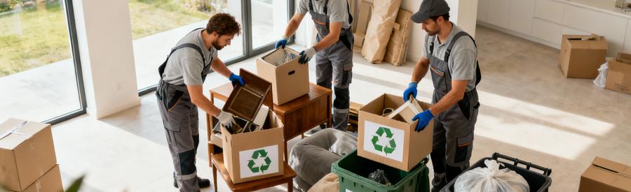 Équipe débarras effectuant tri méthodique objets, séparation valorisation recyclage élimination